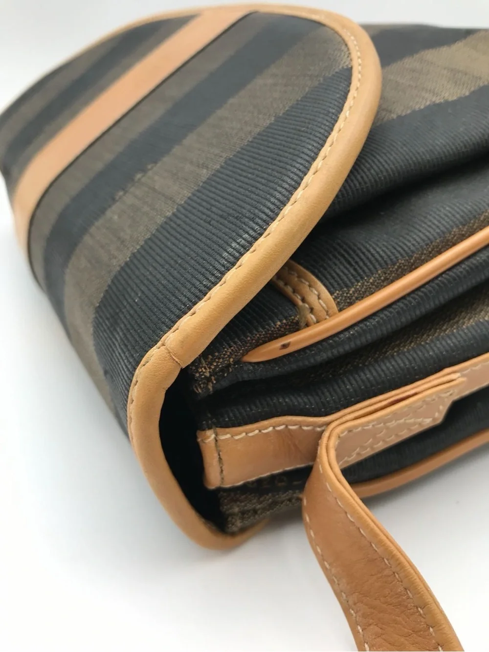 Fendi Pequin Stripe Crossbody Bag Vintage Brown Black Canvas Leather Flap Purse - Picture 7 of 14